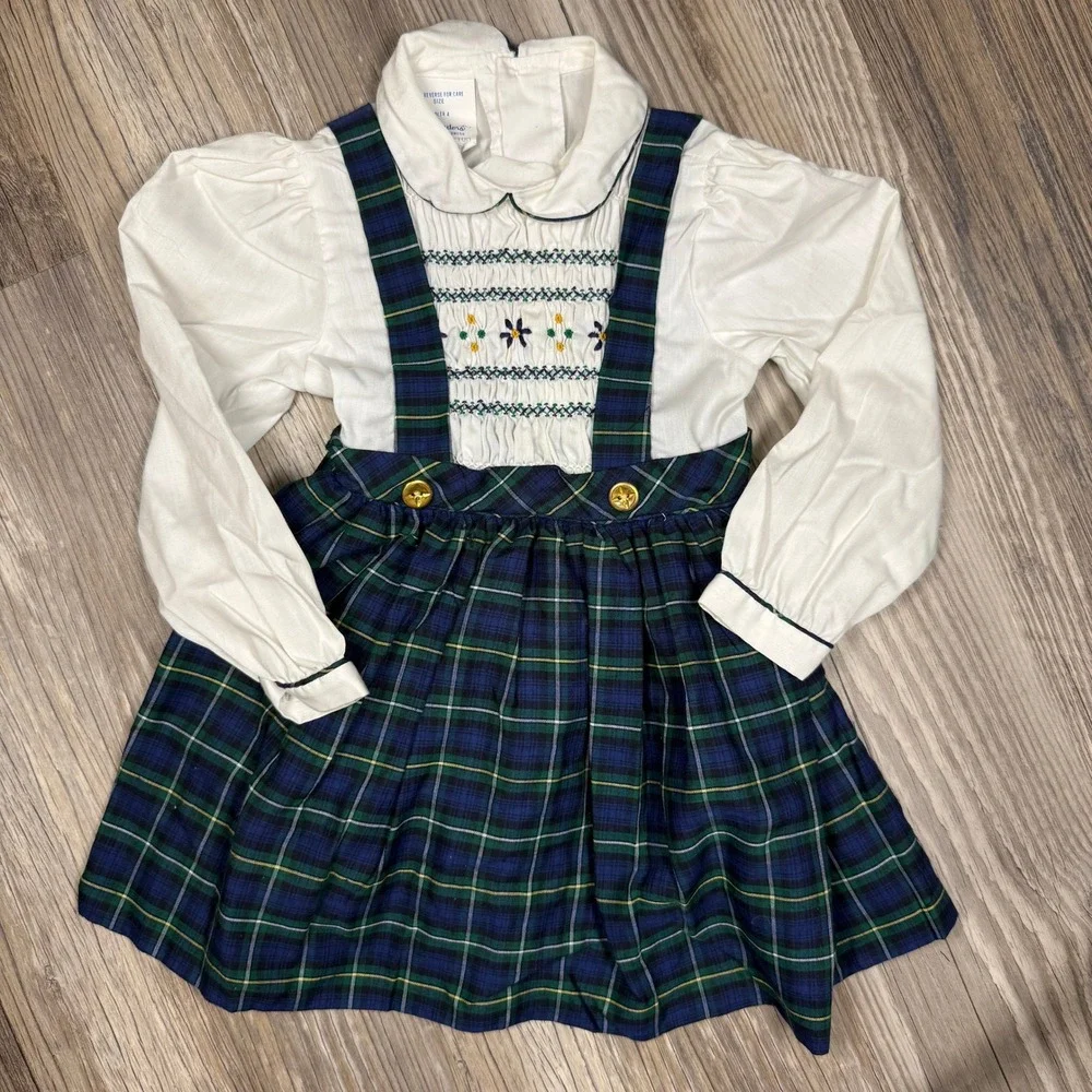 Polly Flinders Vintage Smocked Plaid Tartan Dress Navy Green White Toddler 4